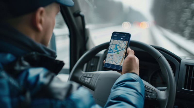 Chauffeur-livreur tenant son téléphone et regardant son GPS