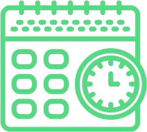 Icône de ligne verte d'un calendrier avec une horloge, représentant la planification ou le délai de livraison. 
