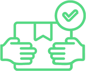 Icône de ligne verte représentant des mains tenant un paquet avec une coche, représentant une livraison sécurisée ou confirmée.