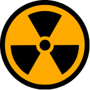Symbole de danger de radiation noir et jaune avec trois lames triangulaires autour d'un cercle central. 