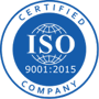 Insigne de certification ISO 9001:2015 avec un motif circulaire bleu et le texte "Entreprise certifiée".