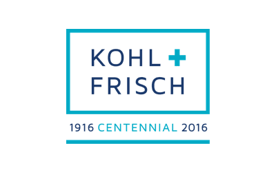 Logo de Kohl + Frisch avec un motif bordé de sarcelles et le texte "1916 Centennial 2016".