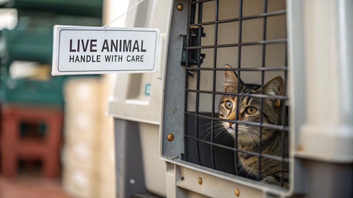 Chat à l'intérieur d'une caisse de transport d'animaux avec un panneau indiquant "Live Animal - Handle with Care" (animal vivant - à manipuler avec précaution), indiquant le transport d'animaux. 