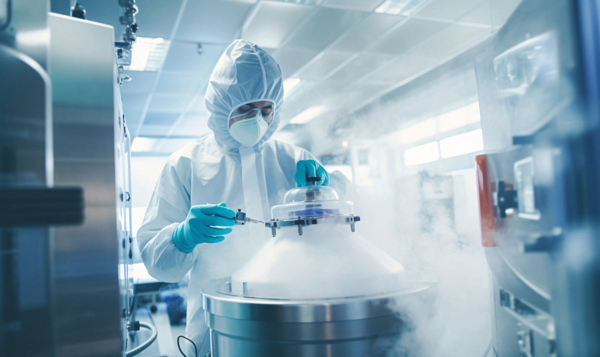 Technicien en tenue de protection manipulant un conteneur de stockage cryogénique émettant des vapeurs froides dans un laboratoire.