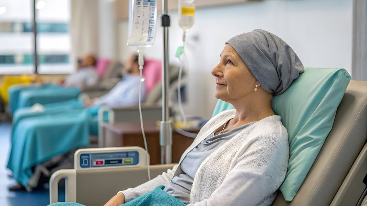 Patient receiving IV treatment in a clinic, wearing a headscarf and seated comfortably during therapy. 