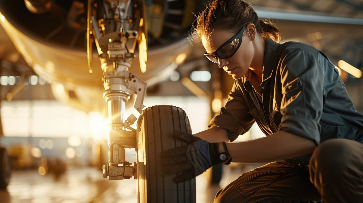 Technicien aéronautique portant des lunettes de sécurité inspectant et travaillant sur le train d'atterrissage à l'intérieur d'un hangar.