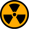 Symbole de danger de radiation noir et jaune avec trois lames triangulaires autour d'un cercle central. 